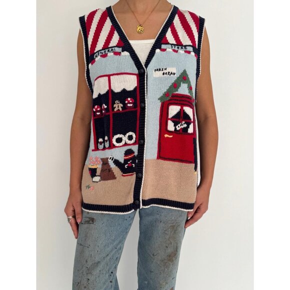 90s vintage multicolor novelty kitschy outdoor scene button up knit sweater vest - Picture 2 of 10